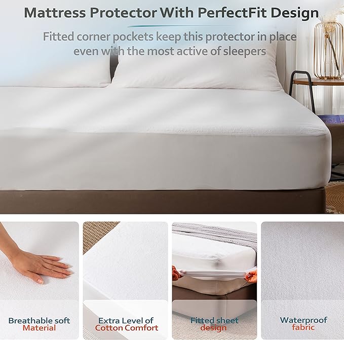 PlushDeluxe Twin Cotton Mattress Protector – Waterproof Cover with Fitted Sheet Design – Soft and Durable Mattress Pad for Noiseless Sleep – Easy to Install and Clean