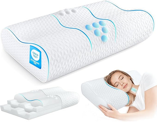 Cervical Neck Pillow for Pain Relief- Queen Size Adjustable Cooling Pillow for Sleeping, Memory Foam Pillows for Neck Shoulder, Ergonomic Contour Bed Pillow for Side, Stomach & Back Sleepers