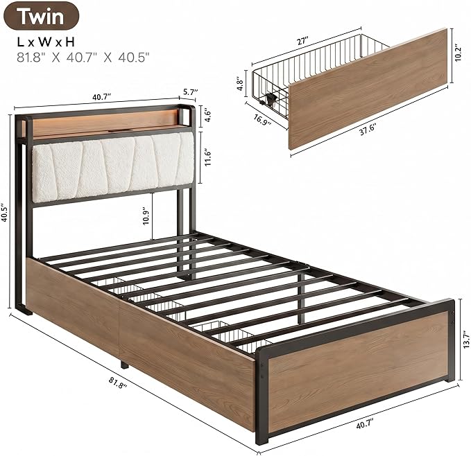 LIKIMIO Twin Bed Frames, DIY Storage Drawer Layout, Charging Station & LED Lights, Boucle Upholstered Platform Twin Bed Frame for Teen Rooms, Small Apartments & Bedrooms, Wood and Cream