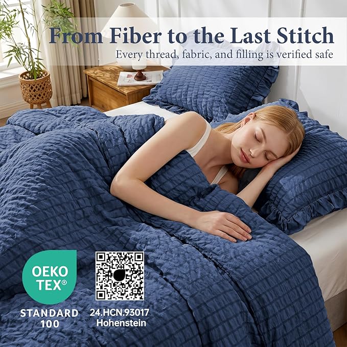 JOLLYVOGUE Navy Blue Twin Size Comforter Set, 2 Pieces Seersucker Lightweight Fluffy Bedding Set, Twin Ruffle Comforter, All Season Soft Microfiber Shabby Chic Bed Set