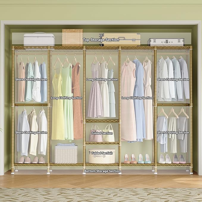 Higeego H5 Large Wire Garment Rack, Heavy Duty Clothes Racks, Wardrobe Closet Rack for Hanging Clothes, Freestanding Clothing Racks with Adjustable Shelf, 93.3" Wx15.7 Dx75.4 H, Gold, Load 1400 lbs