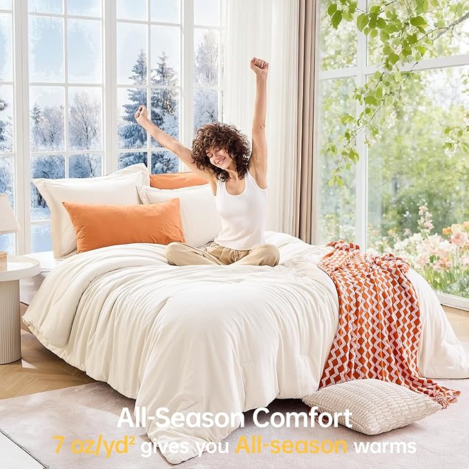 MUXHOMO Oversized Queen Comforter Sets, All Season Ultra Soft Down Alternative Bedding - 3 Piece Lightweight Bed Set Includes 1 Comforter (98"*98") and 2 Pillow Shams (20"x26"), Ivory