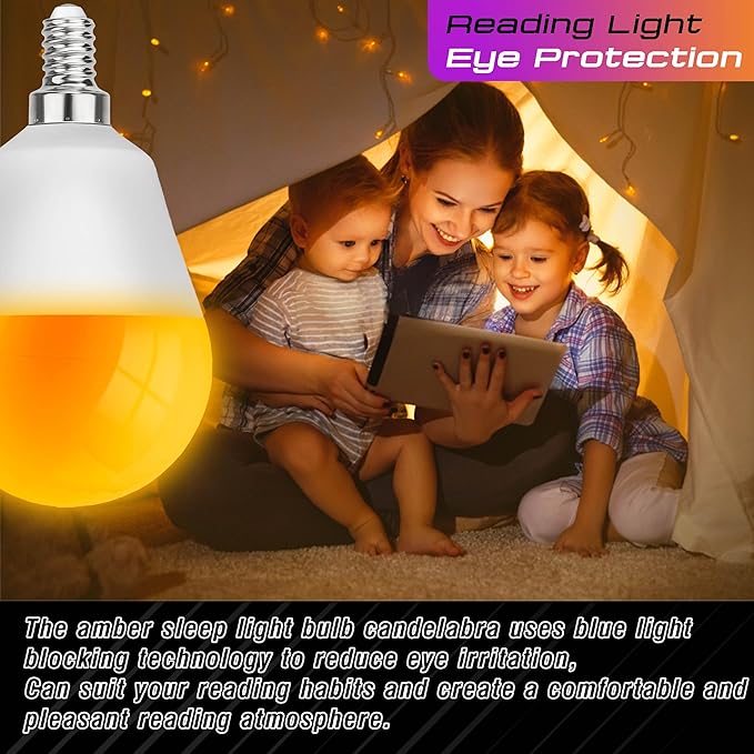 E12 Small Candelabra Base Amber Sleep Light Bulbs, 1800K Warm Amber Bulb 25-40W Equivalent, Blue Light Blocking, 3W Dim Night Light Bulbs for Healthy Sleep, Bedroom Kids Room, Non-Dimmable, 4 Pack