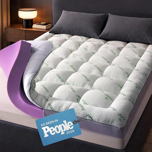 Dual-Layer 4 Inch King Size Mattress Topper - 2” Memory Foam + 2” Viscose Made from Bamboo Mattress Pad - Double the Comfort & Back Support - Removable & Machine-Washable Cover, Green