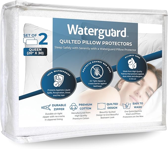 Waterguard Waterproof Pillow Protectors Quilted, Zippered Pillow Cases, 100% Cotton Top, Microfiber Filled Pillow Covers, Queen Size (20x30) Set of 2