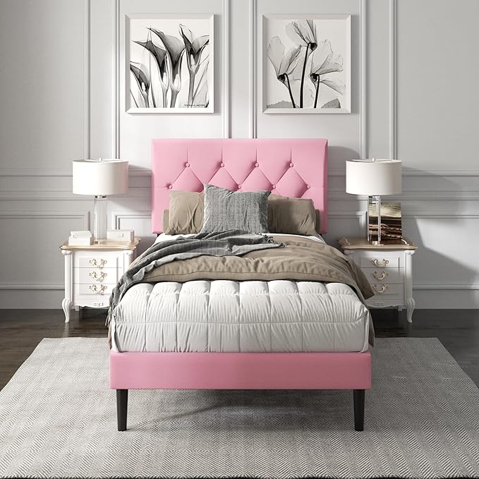 HAOARA Twin Size Platform Bed Frame with Upholstered Button Tufted Headboard, Mattress Foundation with Wooden Slat Support, Noise Free, No Box Spring Needed, Easy Assembly, Pink Velvet