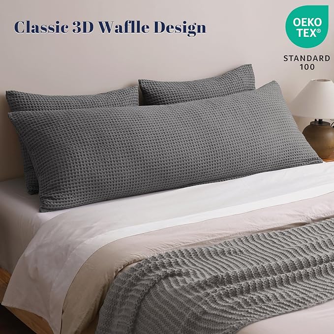 PHF Ultra Soft Waffle Weave Body Pillowcase with Zipper, No Insert, 1Pack 20" x 54" Pillow Sham, Breathable & Skin-Friendly Body Pillow case, Stylish Decorative Bed Pillow Cover, Grey