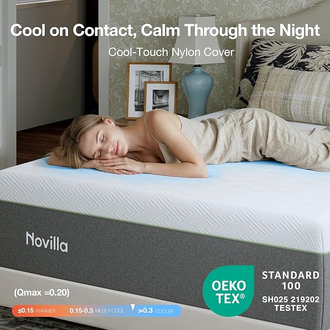 Novilla Bliss Green Tea Twin XL Mattress, 12 Inch Gel Twin XL Memory Foam Mattress in a Box for Hot Sleepers with Nylon Cover, Cool Comfort & Back Pain Relief & Motion Isolating with Certified Foams