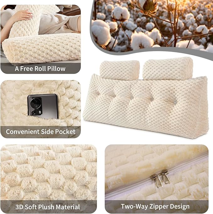 Wedge Headboard Pillow - Bed Wedge Pillow for Headboard Triangular Headboard Pillow with Neck Roll Pillow-Large Bolster Pillow for Sitting in Bed Backrest Positioning Support (Beige,54x8x20 Inches)