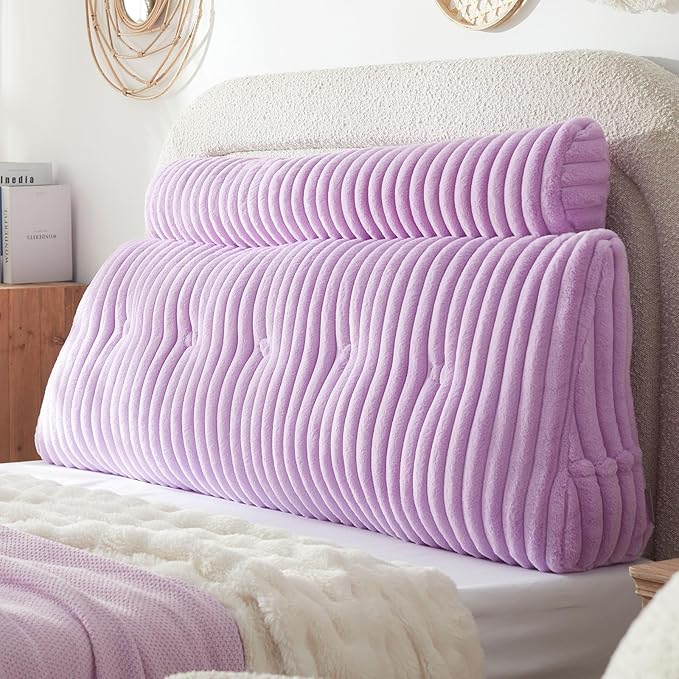 Headboard Pillow + A Long Neck Roll Pillow Body Pillow，Faux Fur Headboard Wedge Pillow with Removable Cover (Purple, Full：54x8x20 inches)