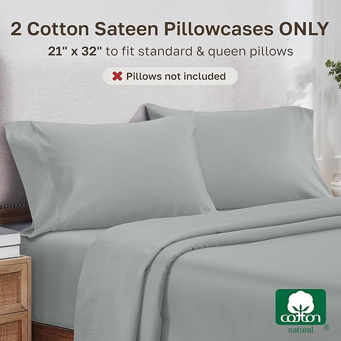Heirloom Soft, Smooth & Thick Certified 800 Thread Count 100% Cotton Sateen, 2 Pillow Cases Standard Size Fits Standard & Queen Size Pillows (Light Grey)