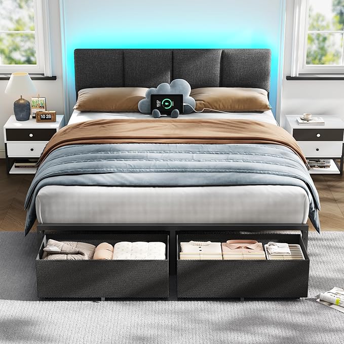 Furnulem Queen Bed Frame with Adjustable Headboard, Upholstered Bed with 2 Storage Drawers, Built-in USB Charging Station & LED Lights, Platform Bedframe with Metal Slats, No Spring Box Needed, Grey