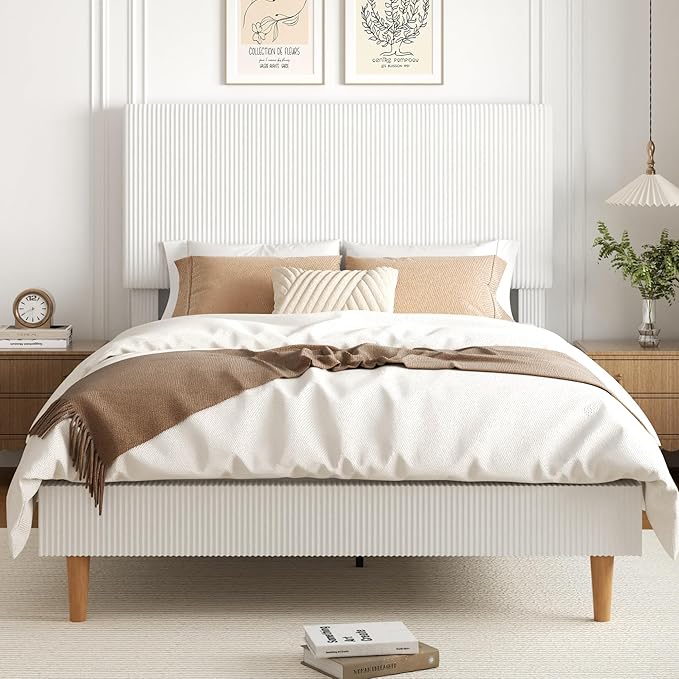 Queen Size Bed Frame, Upholstered Platform Bed with Adjustable Headboard, Vertical Fluted Tufted, Soft Corduroy Fabric, Strong Wooden Slats Support, No Box Spring Needed, Easy Assembly, White