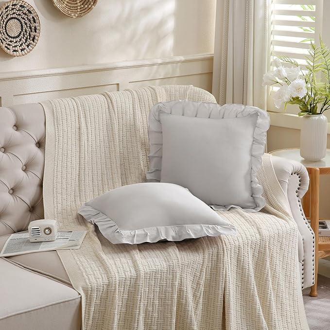 Merryword Beige Gray Pillowcases 18x18 Throw Pillow Covers Pack of 2 Soft Microfiber Ruffle Decorative Pillowcase Cushion for Couch Sofa Bedroom