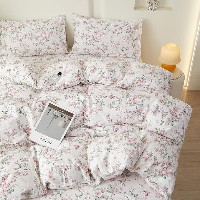 VM VOUGEMARKET Queen Duvet Cover Set Pink Floral Bedding Set on White 100% Cotton Reversible Vintage Comforter Cover with Zipper&Ties