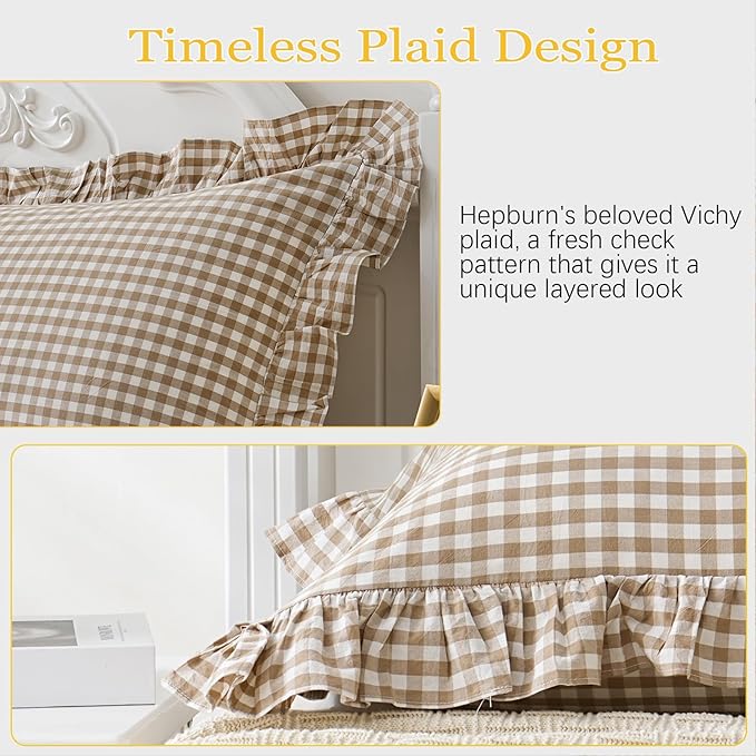 2 Pack Taupe/Brown Plaid Ruffle Throw Pillow Covers Farmhouse Checkered Chic Washed Cotton Pillowcases Gingham Pillow Shams for Bed, Sofa, Living Room-20"x20" Brown