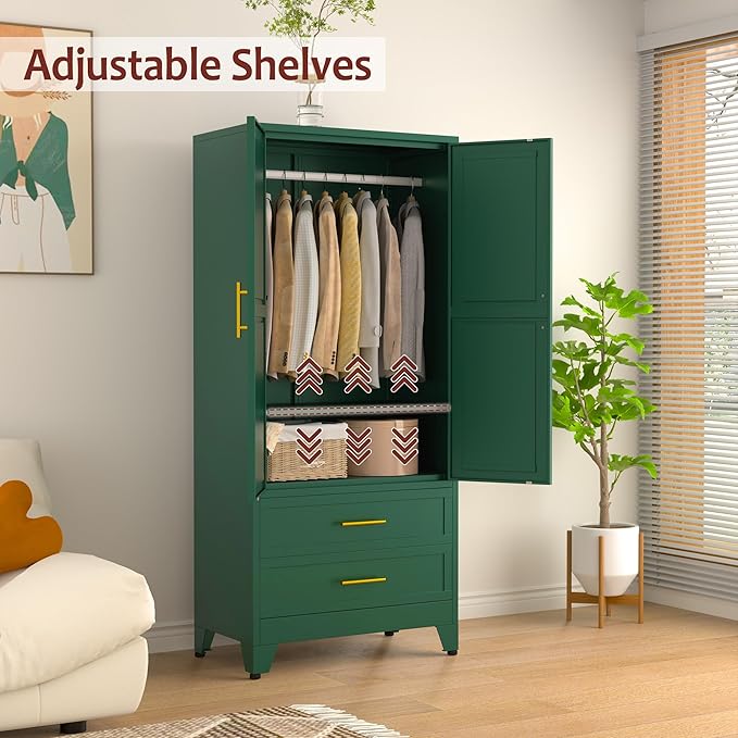 winiowa Metal Armoire Wardrobe Closet with 2 Drawers, 71" Wardrobe Cabinet with Adjustable Shelves and Hanging Rod, Clothing Storage Cabinet Closet for Bedroom-Green