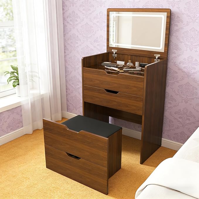 Casaphoria Vanity Desk with Mirror and Lights, 3-in-1 Flip Top Makeup Vanity Table with Stool and Storage, Compact Dressing Table for Small Space, Walnut Finish (23.62 Inch)