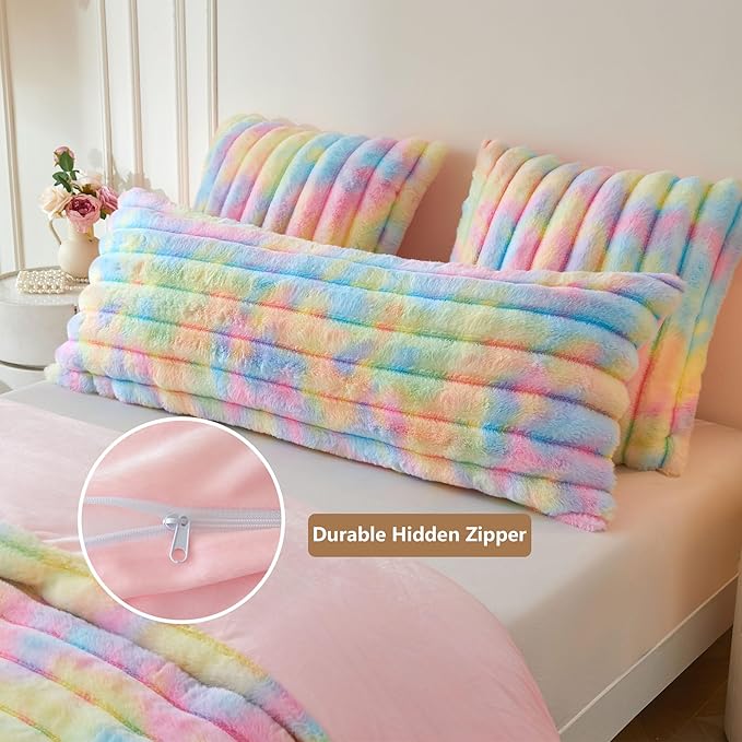 MEGO Faux Rabbit Fur Body Pillow Cover 20x54, Soft Fluffy Plush Fuzzy Striped Tie Dye Bed Pillowcase, Cozy Furry Zippered Long Bolster Pillow Case for Bedroom Pregnant Women Side Sleeper, Rainbow