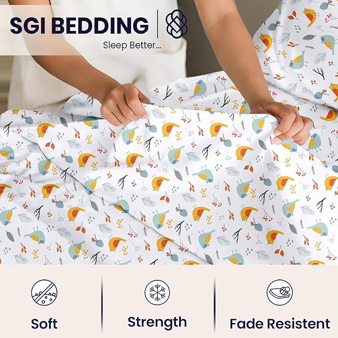 SGI Split King Sheet Set for Adjustable Bed Egyptian Premium Cotton 600 Thread Count Sheets for Sleep Number Bed 15" Deep Pocket 5 Pc Set with 2 Twin XL Fitted Sheets Soft Breathable - Spring Bird