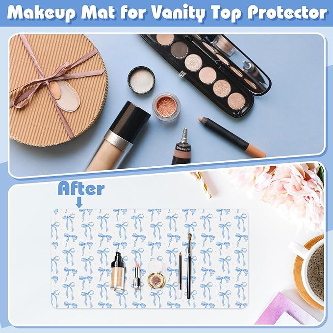 Teenyyou Coquette Bow Makeup Mat for Vanity Top Protector Graduation Gift Dual Side Leather Desk Mouse Pad Girly Waterproof Nonstick Dressing Accessories for Women Home Office(Blue,15.7"x31.5")