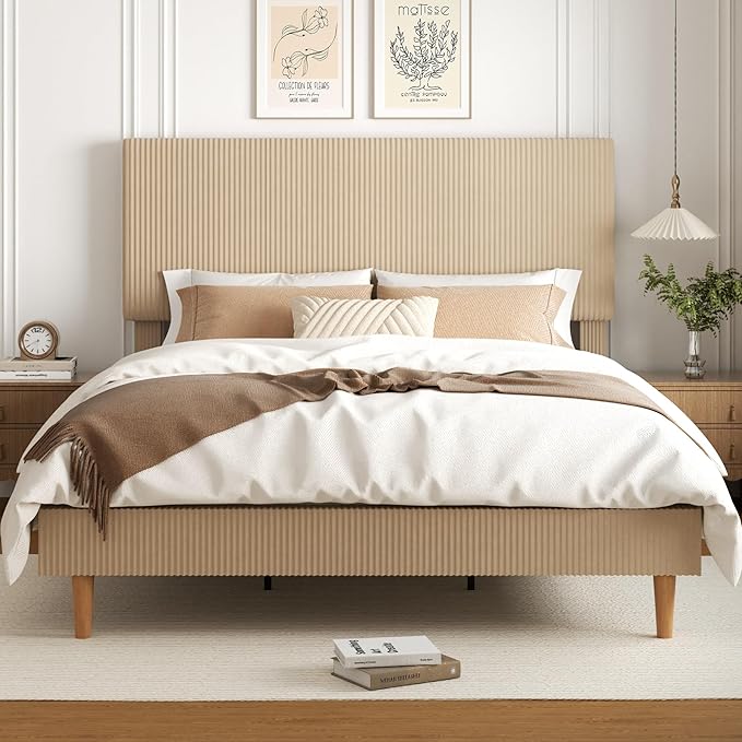 King Size Bed Frame, Upholstered Platform Bed with Adjustable Headboard, Vertical Fluted Tufted, Soft Corduroy Fabric, Wooden Slats Support, No Box Spring Needed, Easy Assembly, Brown