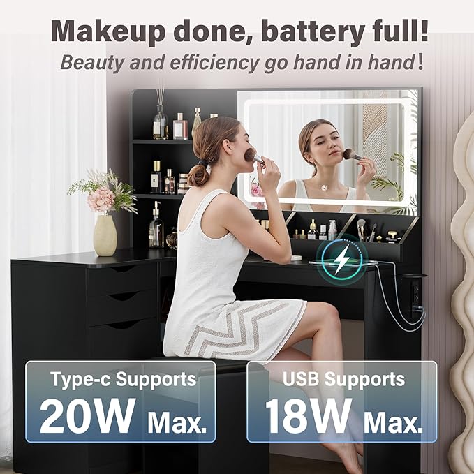 Furmax Vanity Desk with Mirror, L Shape Vanity, LED Lighted Mirror, with Power Outlet and 3 Storage Shelves, Makeup Table with 5 Drawers, 3 Color Modes, for Bedroom(Black)