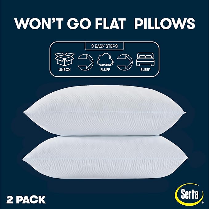 Serta Won't Go Flat Standard/Queen Size Set of 2 Down Alternative Cooling Bed Pillows, Extra Life Foam Core with Medium Support, Perfect for Back, Stomach or Side Sleepers, White
