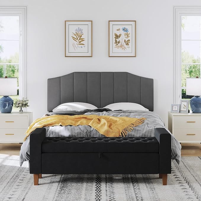 Furpopup Velvet Queen Size Headboard, Upholstered Headboard Queen/Full Size Wall Mount and Bed Frame Mount, Featuring High-Density Sponge Padding Luxury Texture Easy Assembly Comfort Style-Dark Gray