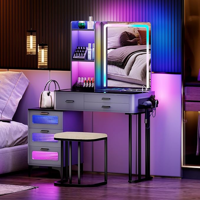 Makeup Vanity Desk with Mirror Lights: Vanity Table with Wireless Charging Station Mobile Dressing Table with Glass Top Design & Hair Dryer Holder Girls Grey Vanity Gift for Bedroom