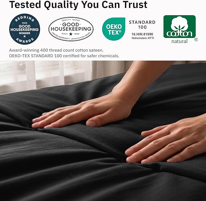 Duvet Cover Queen Size/Full Size Only - Premium 400 Thread Count, Natural 100% Cotton Comforter Cover Queen Size, Soft Sateen Weave, Button Closure and Corner Ties - Black