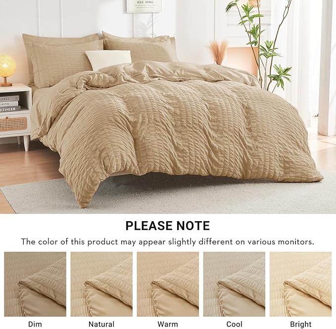 HYMOKEGE Khaki King Size Comforter Set Seersucker 7 Pieces, All Season Luxury Bed in a Bag for Bedroom, Bedding Set with Comforter, Sheets, Pillowcases & Shams