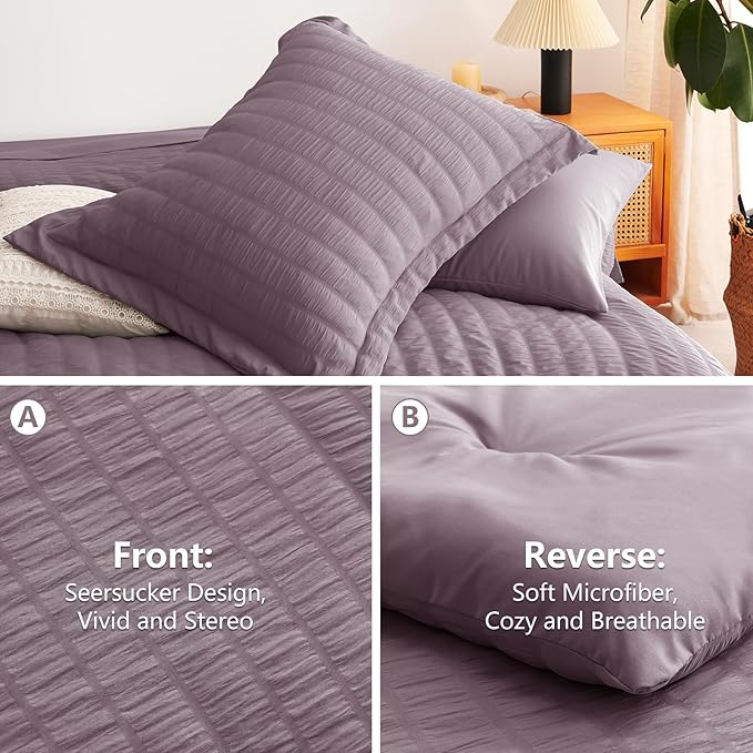 CozyLux Full Size Comforter Sets with Sheets 7 Pieces, Dusty Purple Seersucker Bed in a Bag Textured Luxury Soft Grayish Purple Bedding Set with Down Alternative Comforter, Sheets, Pillowcases & Shams