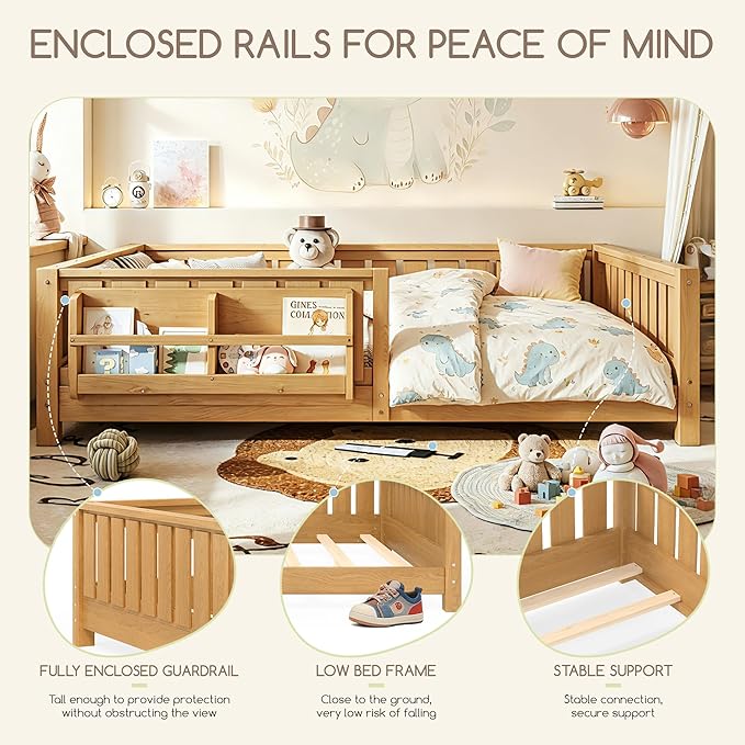 Bellemave Full Size Floor Bed Frame with Fence & Bookshelf, Solid Pinewood Montessori Floor Bed Full with Slats Load 450LBS, Low Profile Floor Bed for Kids, Bedroom, Nursery, Easy Assembly, Natural