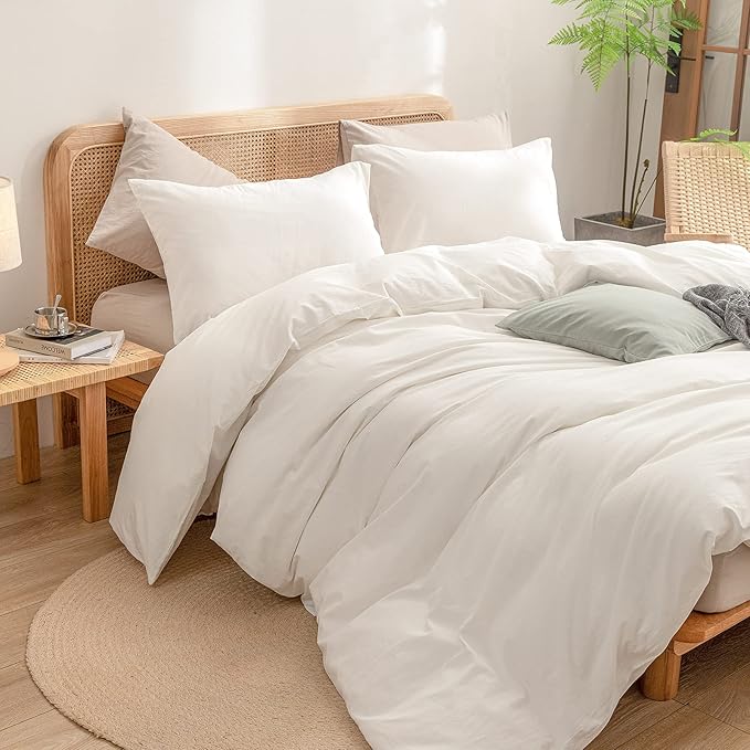 BESTOUCH Duvet Cover Set 100% Washed Cotton Linen Feel Super Soft Comfortable Chic Lightweight 3 PCs Home Bedding Set Solid Off White Oversized Queen