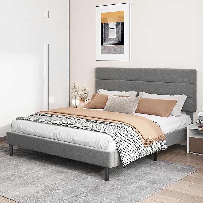 King Platform Bed Frame with Adjustable Linen Fabric Upholstered Headboard, Strong Slats Support, Noise-Free, No Box Spring Required, Easy Assembly for Bedroom Guest Room, Grey