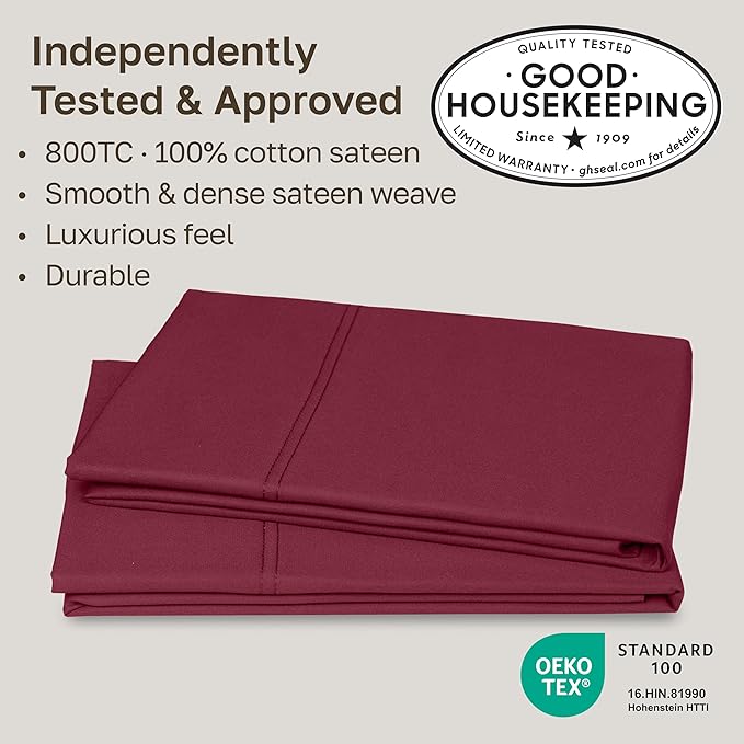 California Design Den King Size Pillows Cases Set of 2 - Luxuriously Soft and Thick 800 Thread Count, Smooth Sateen, Natural 100% Cotton King Pillowcase Pair, Durable - Red Wine