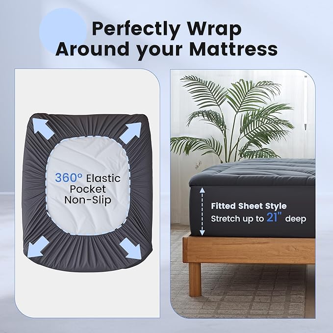 Waterproof Mattress Pad King, Quilted Fitted King Mattress Topper, Five-Layers Noiseless Mattress Protector Cover with 8"-21" Deep Pocket, Machine Washable, Grey, 78x80
