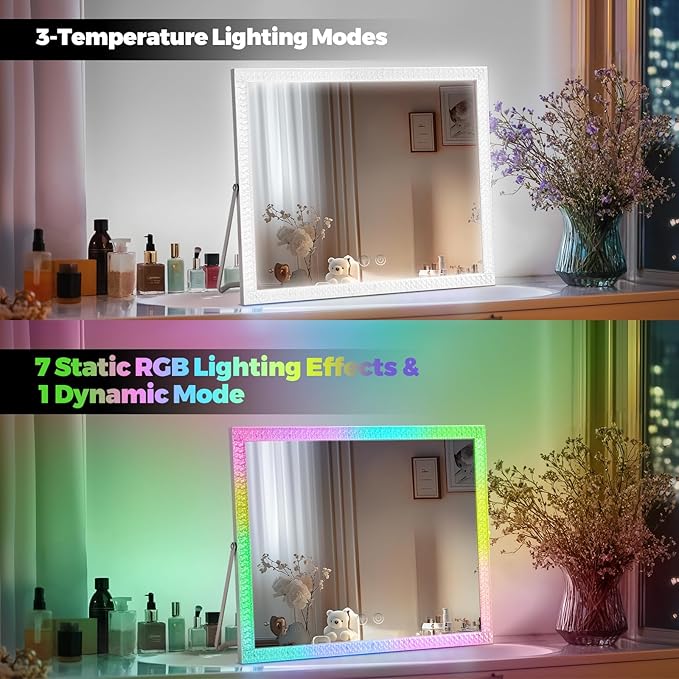 Vanity Mirror with Lights,RGB & 3 Dimmable Light Modes Makeup Mirror with Touch Control,Light Up Mirror for Desk,360°Rotation,17x22 Inch