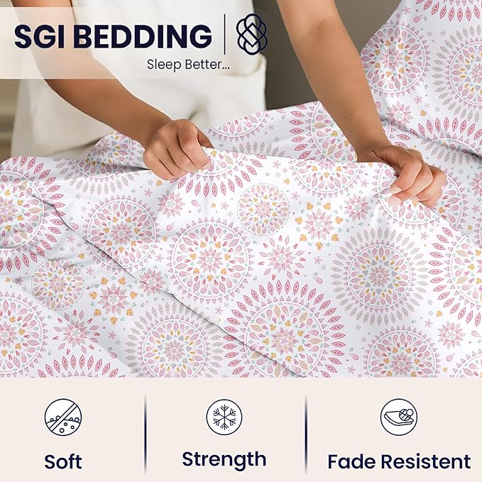 SGI Split King Sheet Set for Adjustable Bed Egyptian Premium Cotton 600 Thread Count Sheets for Sleep Number Bed 15" Deep Pocket 5 Pc Set with 2 Twin XL Fitted Sheets Soft Breathable - Boho Mandala