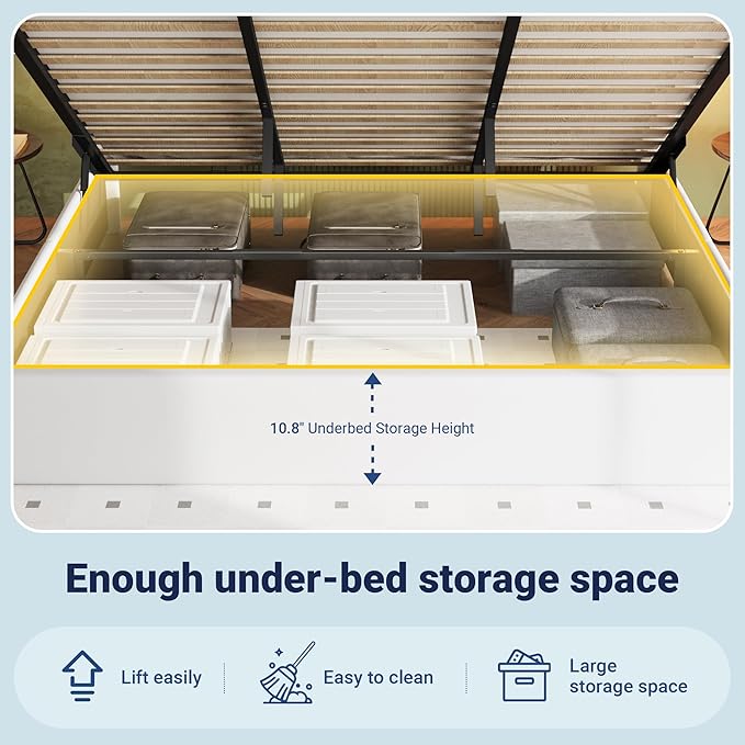 Allewie King Size Lift Up Storage Bed Frame with Charging Station & LED Lights, Adjustable Velvet Upholstered Storage Headboard, Type-C & USB Ports, Hydraulic Support, No Box Spring Needed, White