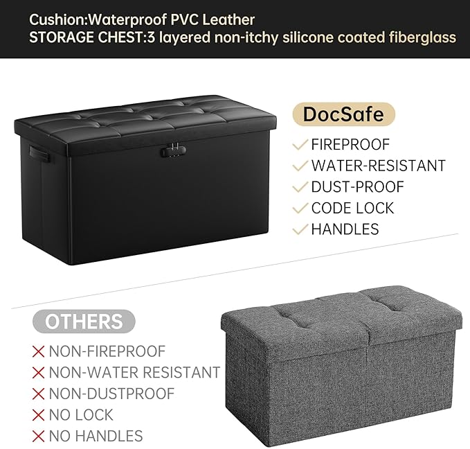DocSafe Storage Ottoman Bench with Lock,Fireproof 30 Inches Folding Bench Foot Rest Stool Storage Chest Safe for Living Room,Bedroom,Home Office,Waterproof Leather Ottoman with Handles,Black