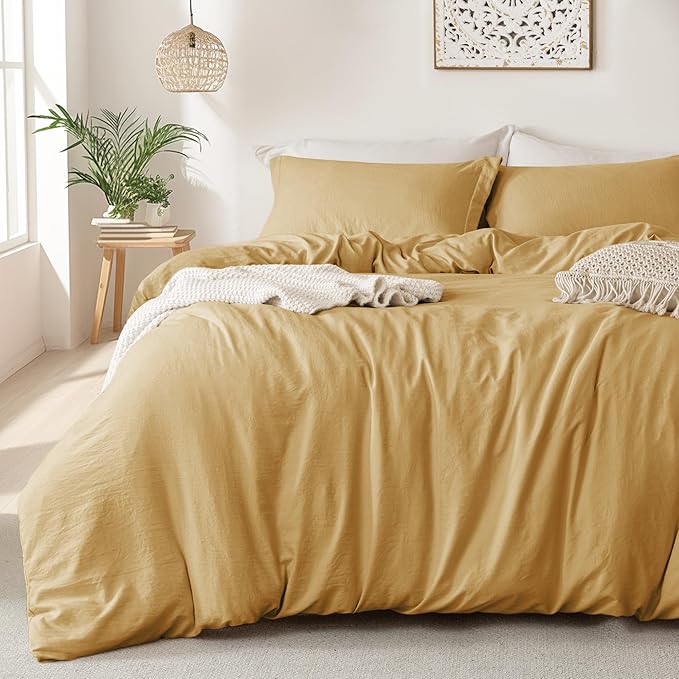 MILDLY Super Soft Duvet Cover - 100% Washed Microfiber Warm Mustard Yellow Comforter Cover Set 3 Pieces with Zipper Closure & Corner Ties (No Comforter)