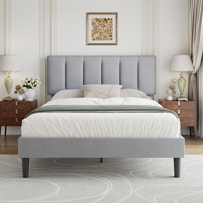 VECELO Queen Size Bed Frame with Upholstered Headboard, Heavy-Duty Bedframe with Strong Wooden Slats Support, No Boxing Spring Needed, Light Grey