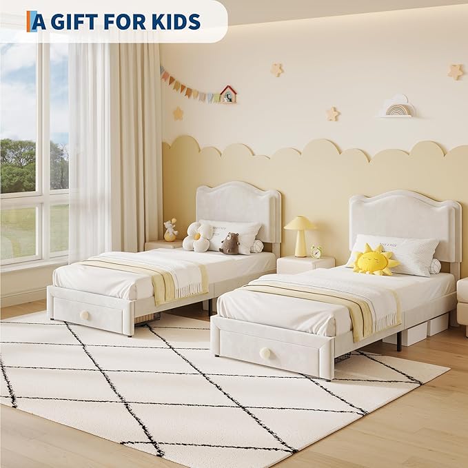 GarveeHome Upholstered Twin Bed Frame with Storage Drawer & Scallop Headboard, Princess Twin Size Platform Bed Frames for Kids Girls, Wooden Slats Support, No Box Spring Needed, Beige