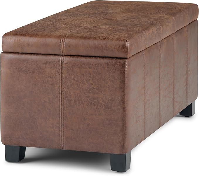 SIMPLIHOME Dover Storage Ottoman Bench - 36 inch Wide Upholstered Vegan Leather Rectangular Lift-Top Ottoman in Distressed Umber Brown, Contemporary Bench for Living Room with Safety Hinges