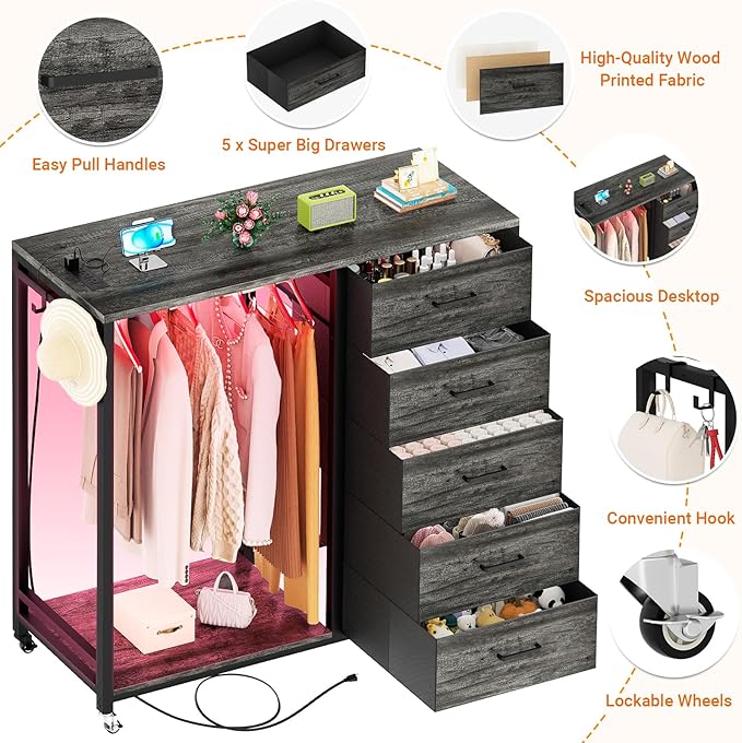 Cyclysio Dresser with Hanging Rack, 5 Fabric Drawers Dresser with Clothes Rack, Wooden Top Storage Chest of Drawers with Charging Station & LED Lights, Lockable Wheels