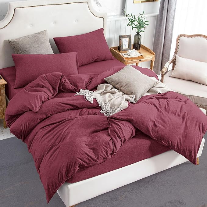 PURE ERA Jersey Knit Duvet Cover Set 100% T-Shirt Cotton Super Soft Comfy 3pc Bedding Set with Zipper Closure (Heather Burgundy Red, King)
