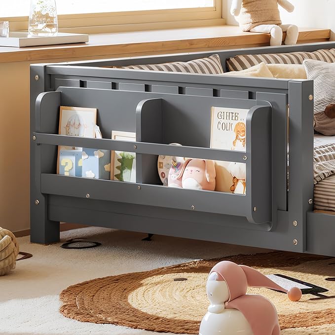 Bellemave Full Size Kids Montessori Bed with Bookshelf,Solid Wood Full Floor Bed Frame with Fence and Slats for Girls Boys,Low-Profile,Gray