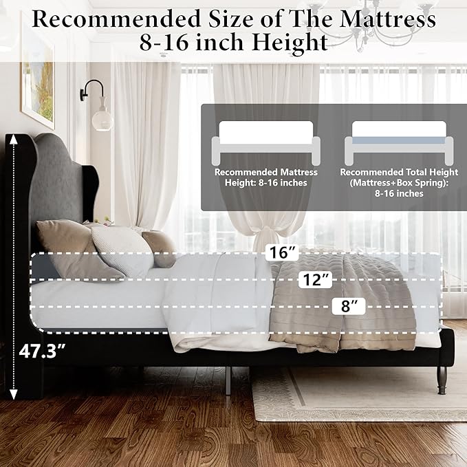 Queen Size Bed Frame with Wingback Headboard, Upholstered Velvet Platform Bed Frame Easy Assemnly, Heavy Duty Wooden Slats Support, Noise-Free, No Box Spring Needed, Minimalist Style, Black